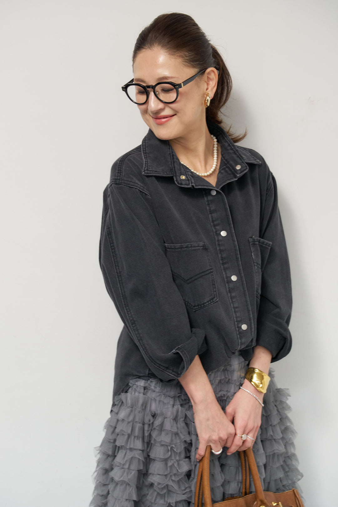 [SET]ソフトデニムオーバーシャツ+チュールティアードスカート(2set)