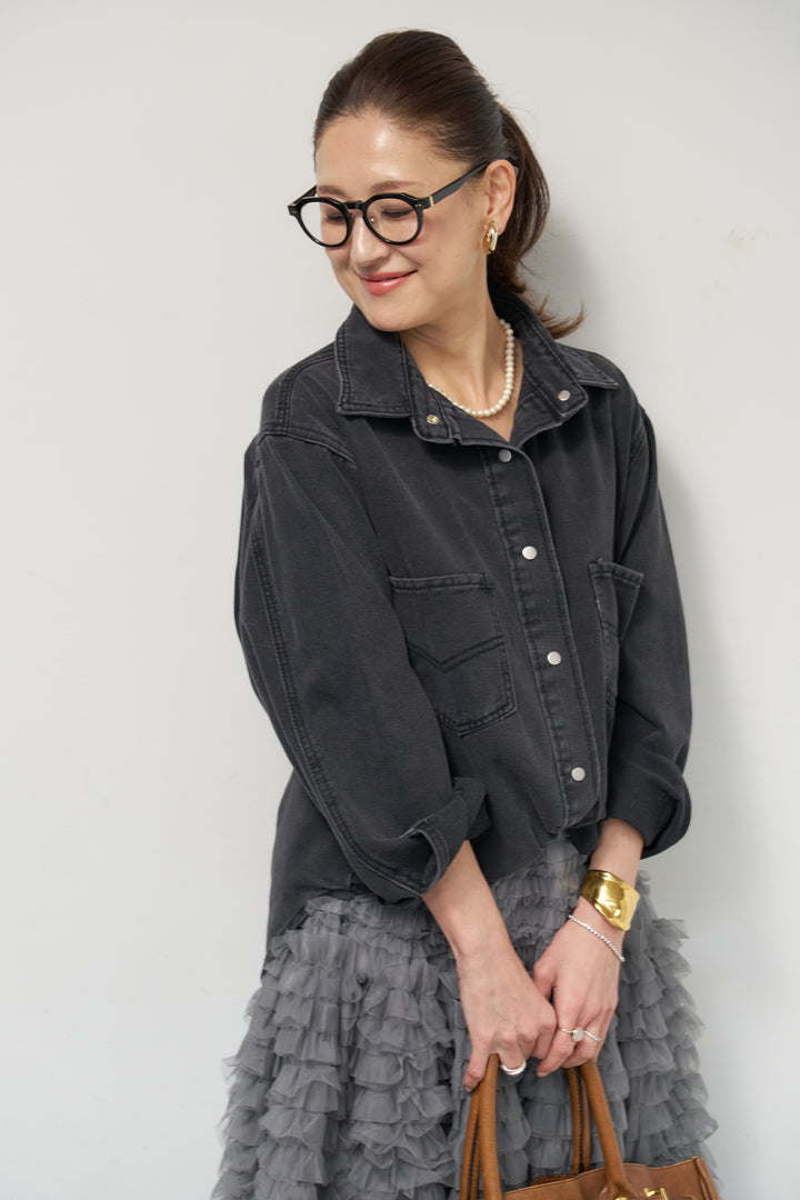 [SET]ソフトデニムオーバーシャツ+チュールティアードスカート(2set)