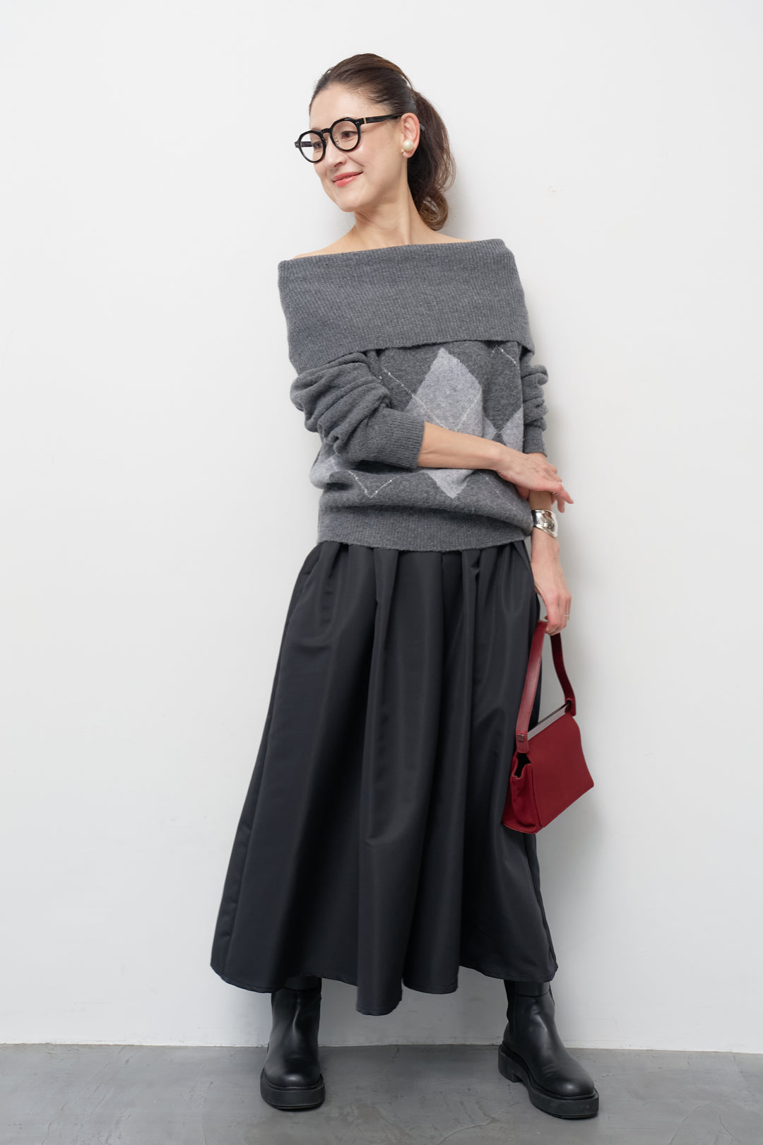 [SET]アーガイルオフショルニット+【ジャパンメイド】ライトグログランボリュームスカート(2set)