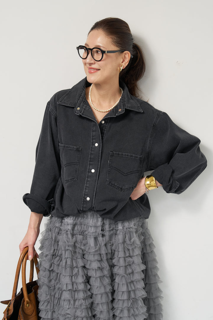 [SET]ソフトデニムオーバーシャツ+チュールティアードスカート(2set)