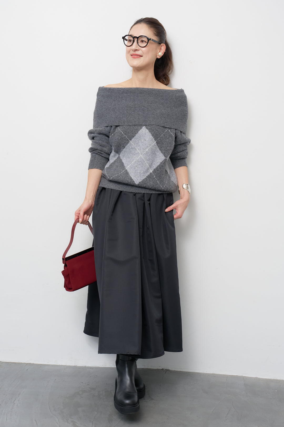 [SET]アーガイルオフショルニット+【ジャパンメイド】ライトグログランボリュームスカート(2set)