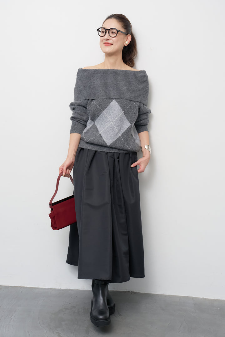 [SET]アーガイルオフショルニット+【ジャパンメイド】ライトグログランボリュームスカート(2set)