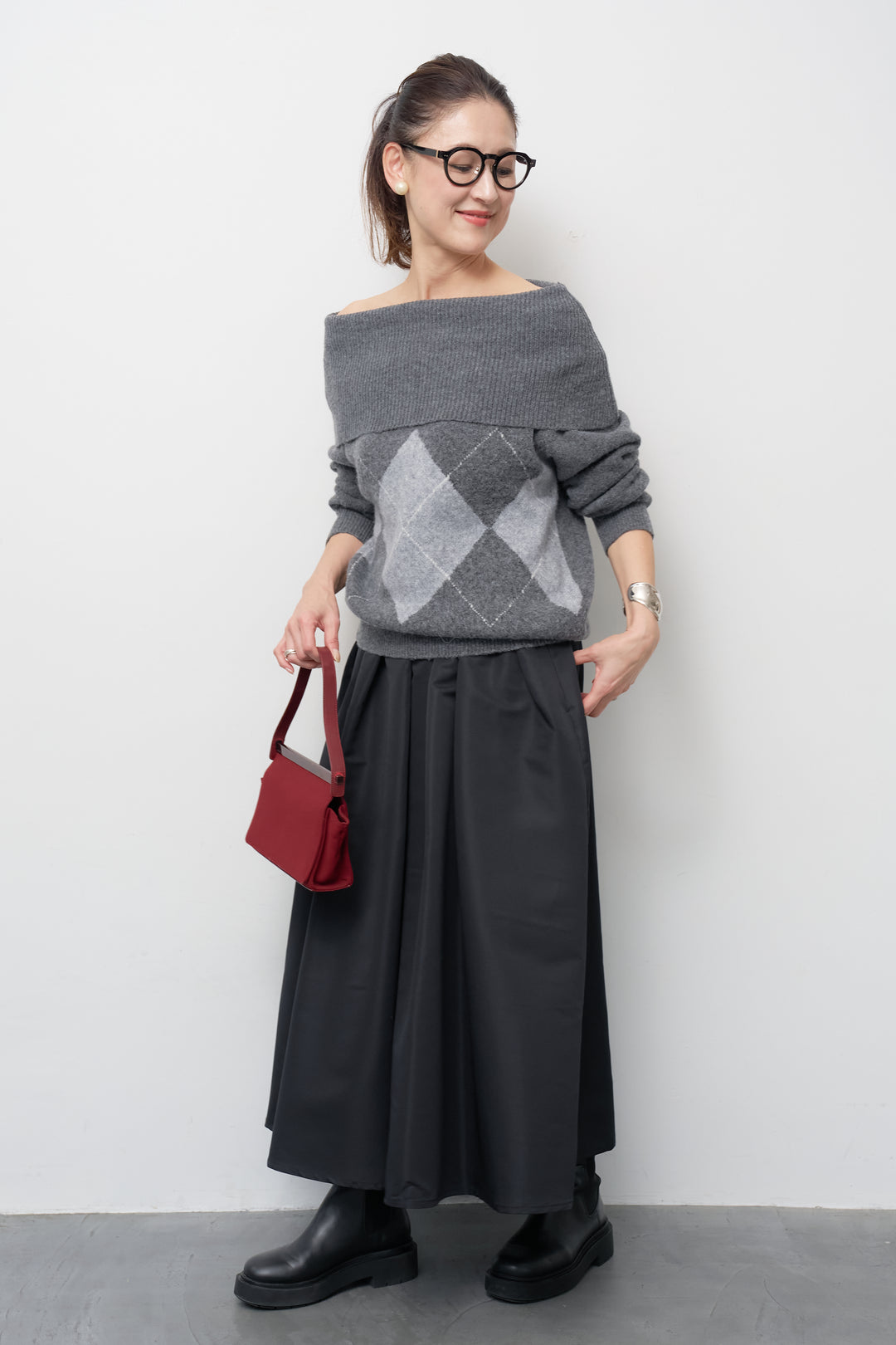 [SET]アーガイルオフショルニット+【ジャパンメイド】ライトグログランボリュームスカート(2set)