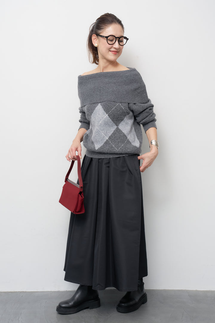 [SET]アーガイルオフショルニット+【ジャパンメイド】ライトグログランボリュームスカート(2set)