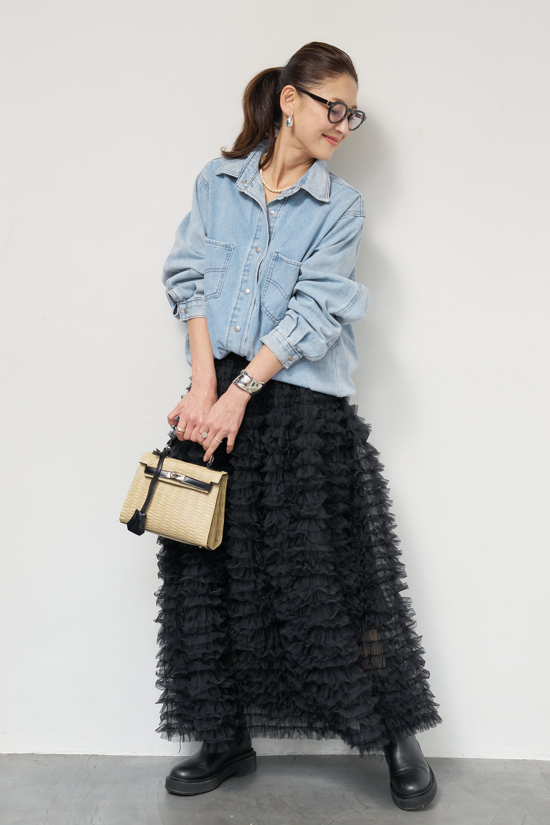 [SET]ソフトデニムオーバーシャツ+チュールティアードスカート(2set)