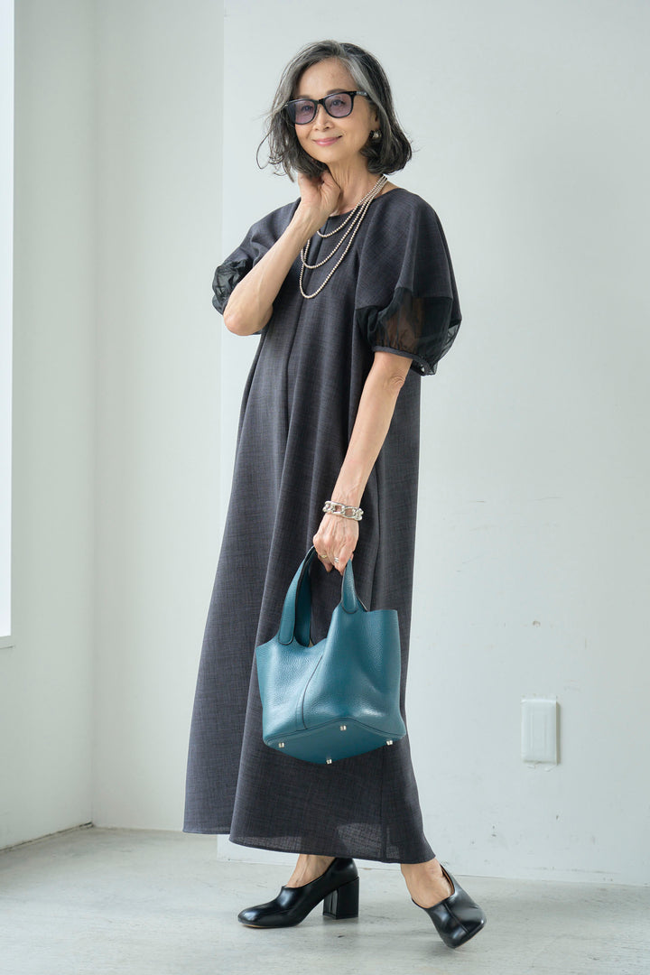 Linen-like dress with sheer sleeves