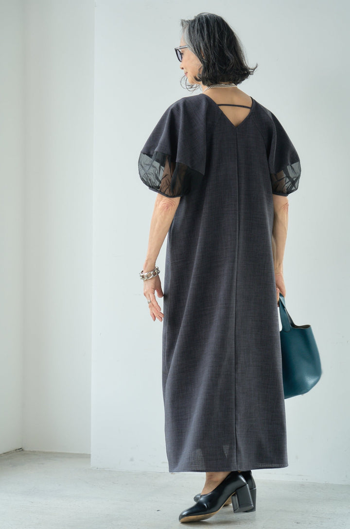 Linen-like dress with sheer sleeves