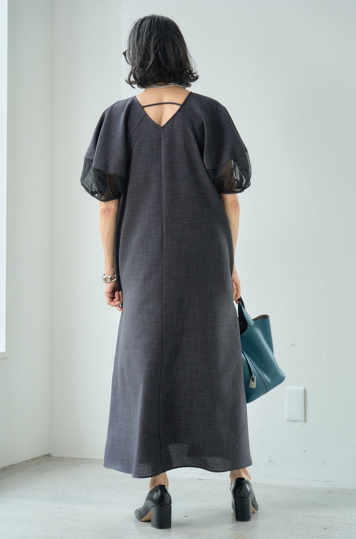 Linen-like dress with sheer sleeves