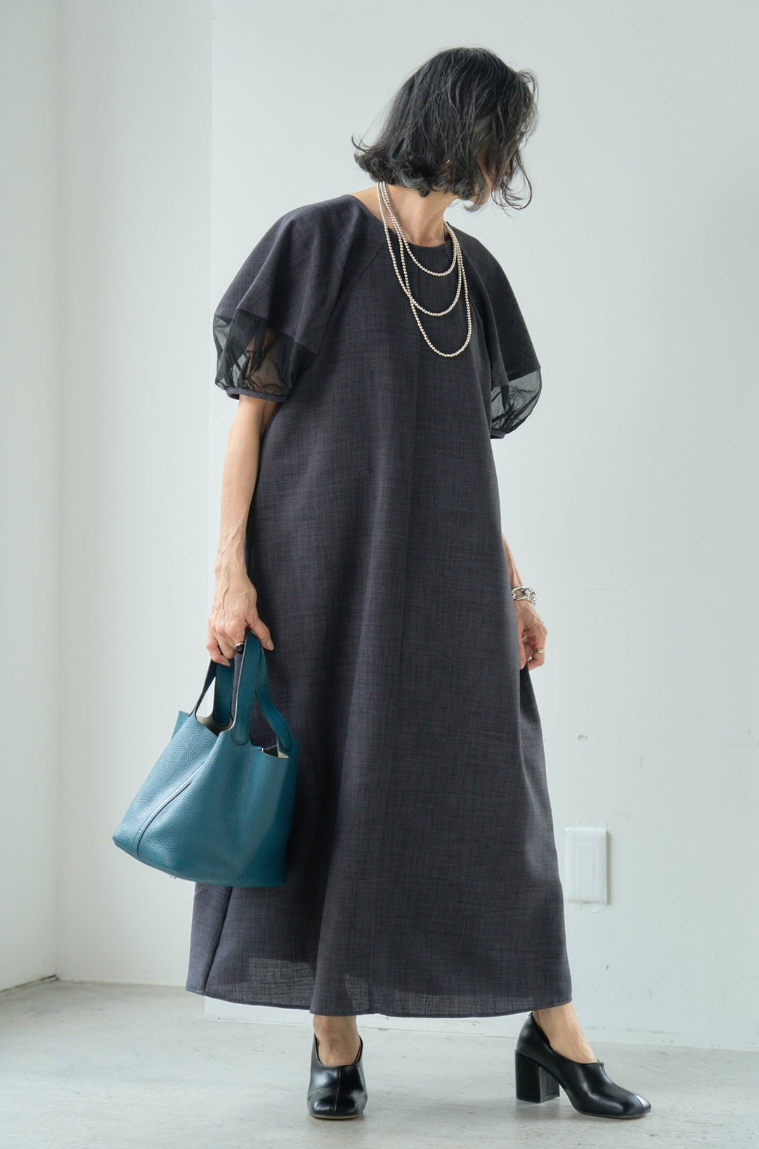 Linen-like dress with sheer sleeves