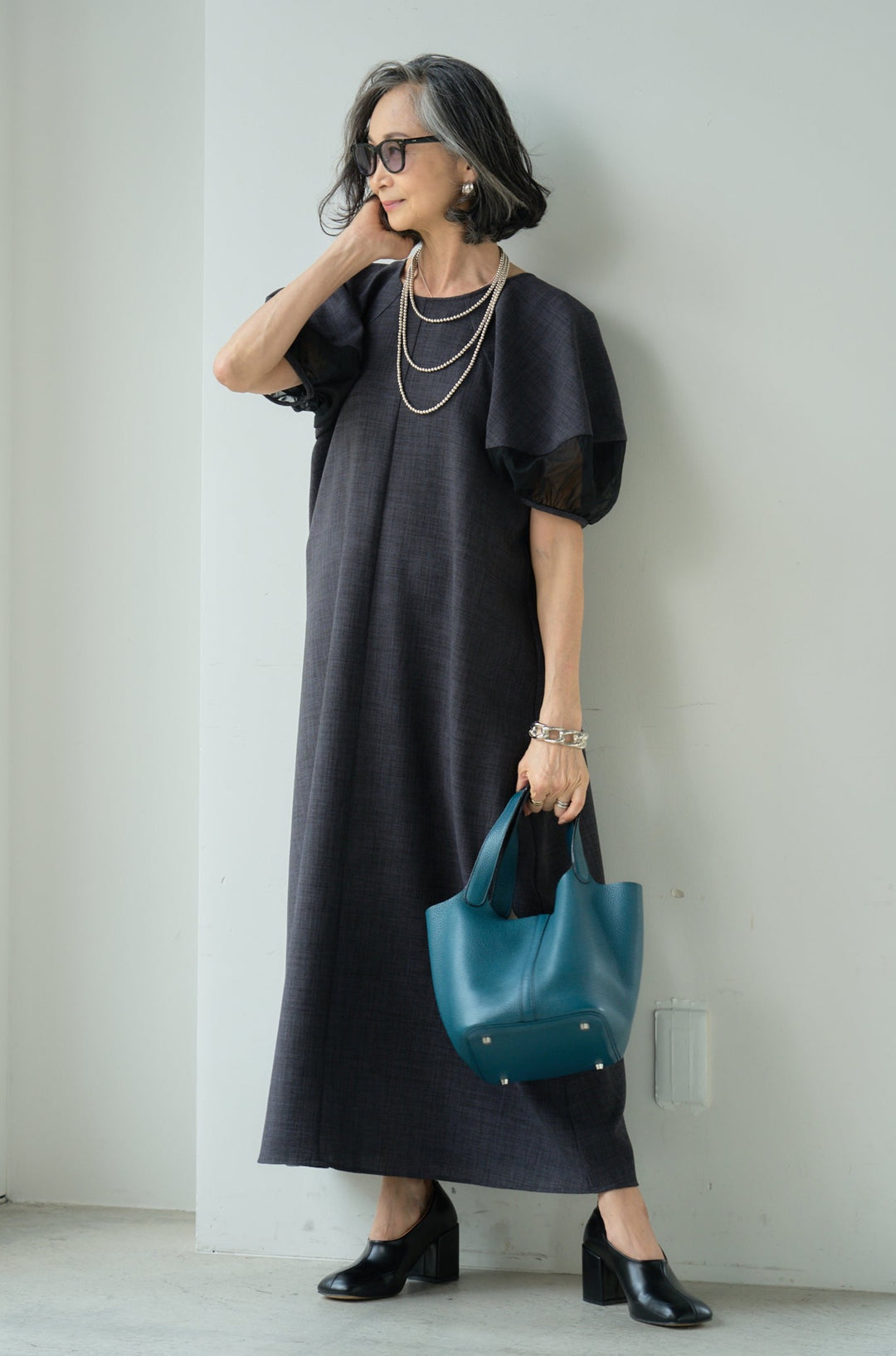 Linen-like dress with sheer sleeves