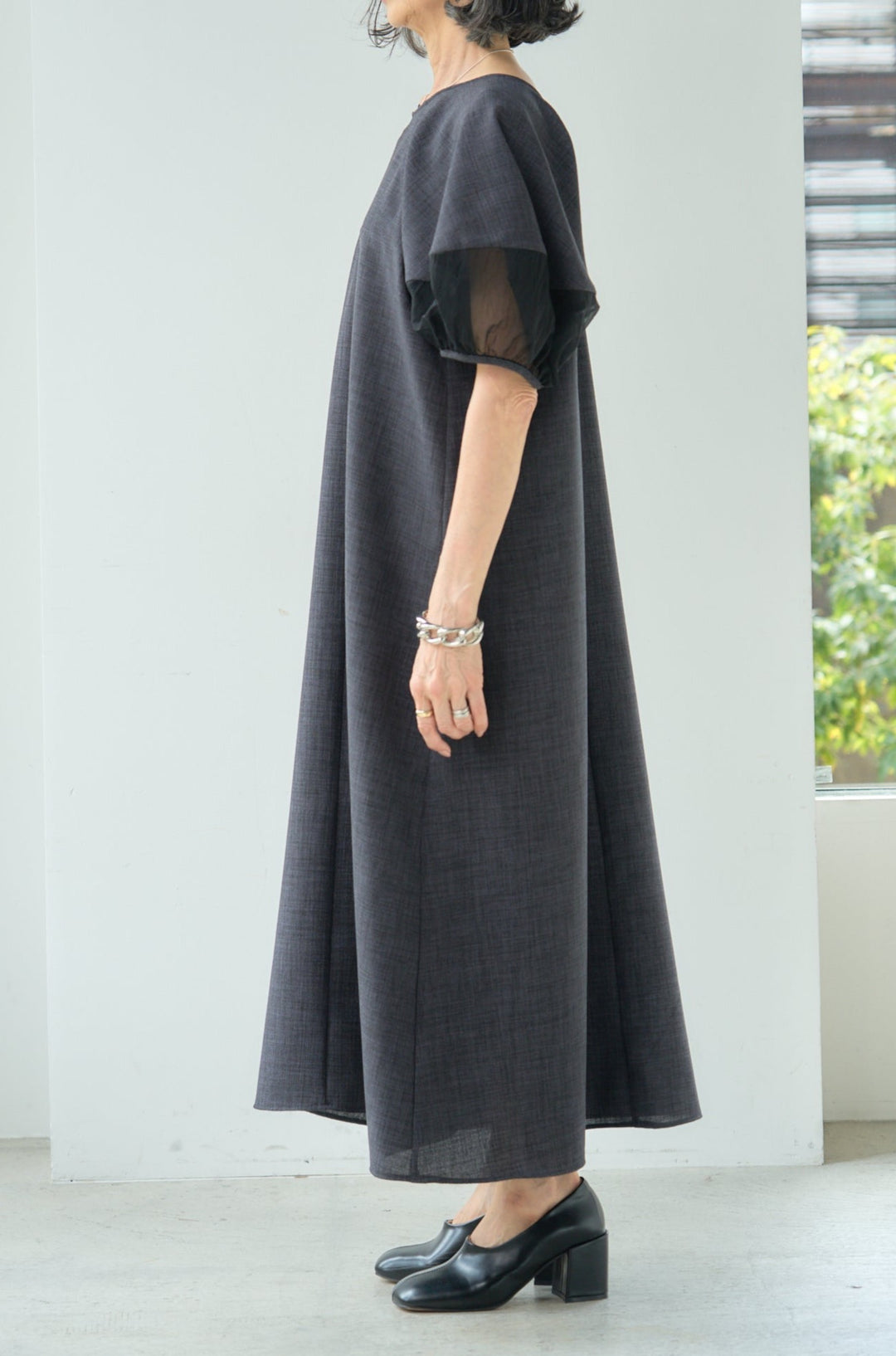 Linen-like dress with sheer sleeves