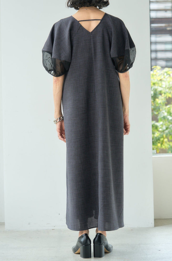 Linen-like dress with sheer sleeves