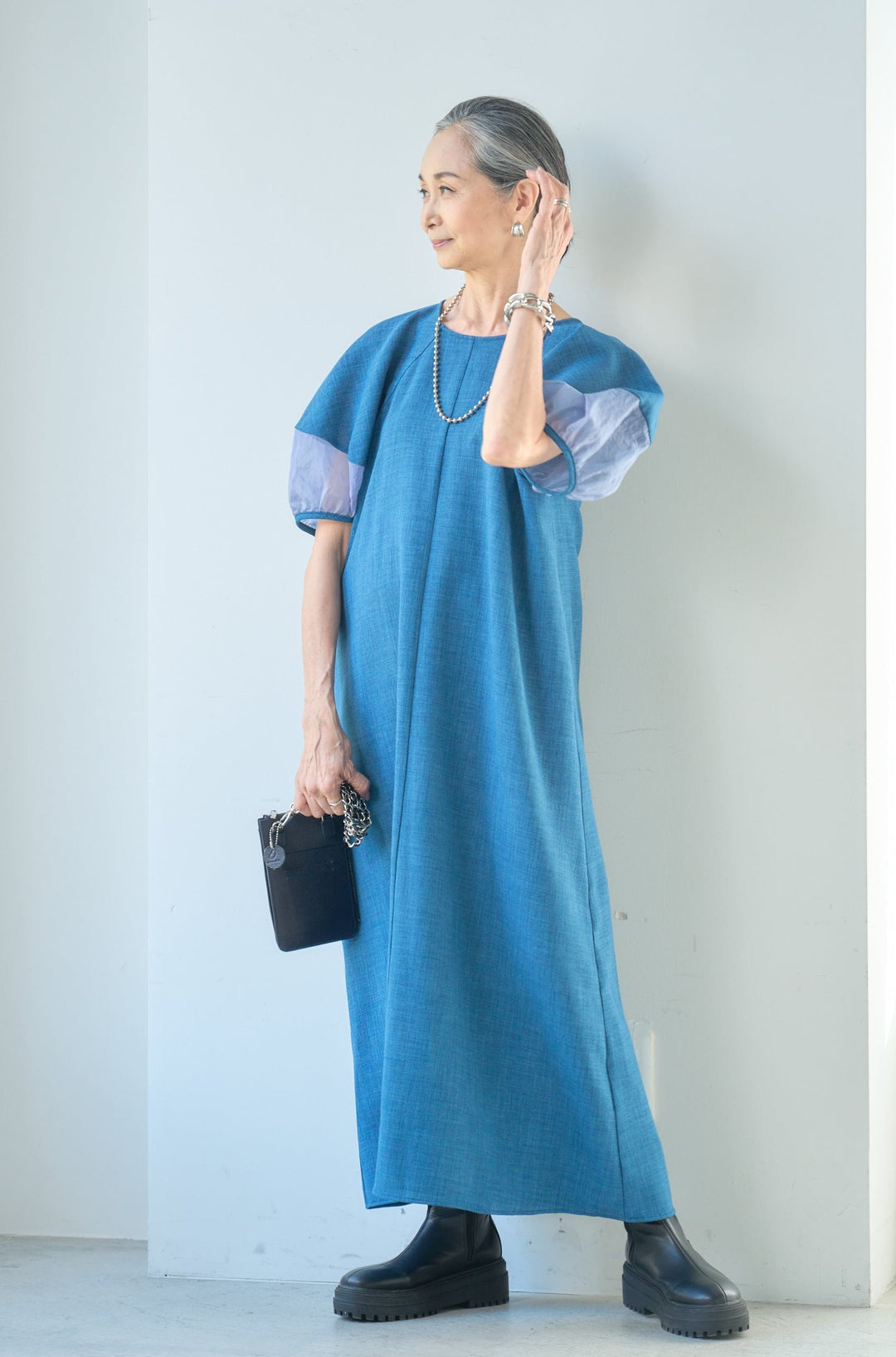 Linen-like dress with sheer sleeves