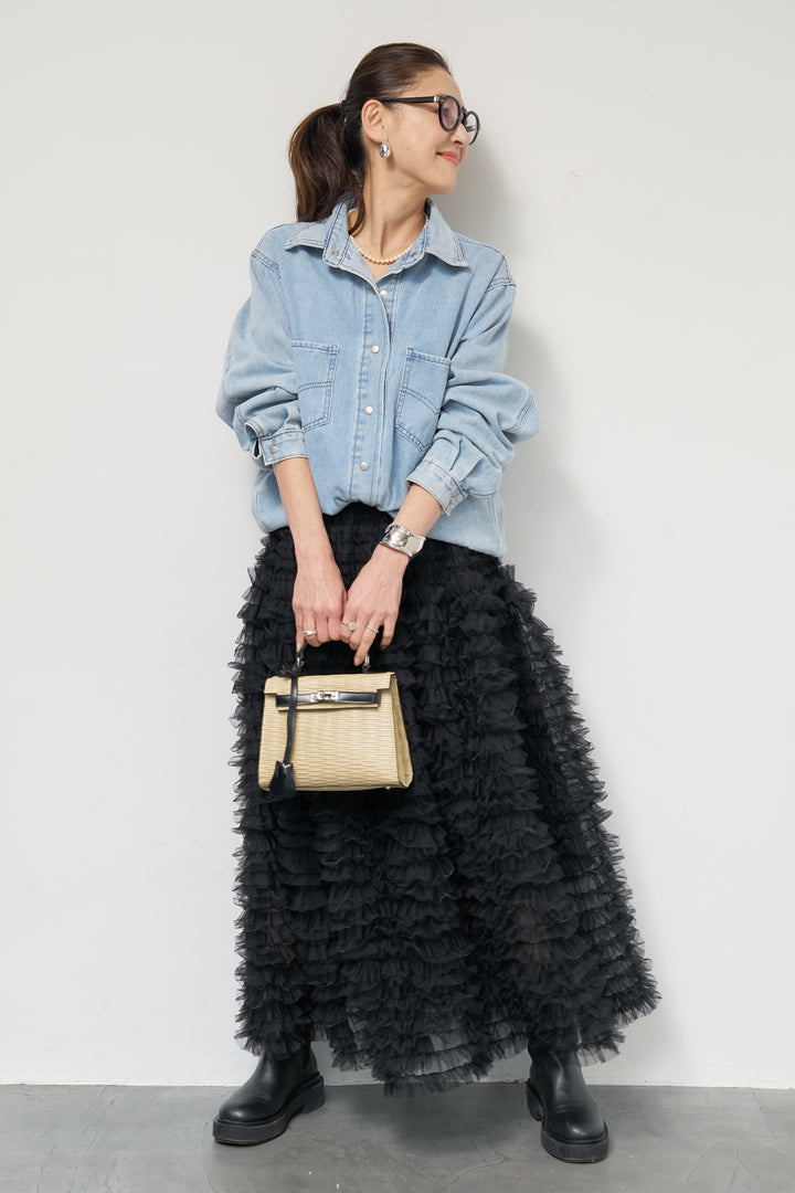 [SET]ソフトデニムオーバーシャツ+チュールティアードスカート(2set)