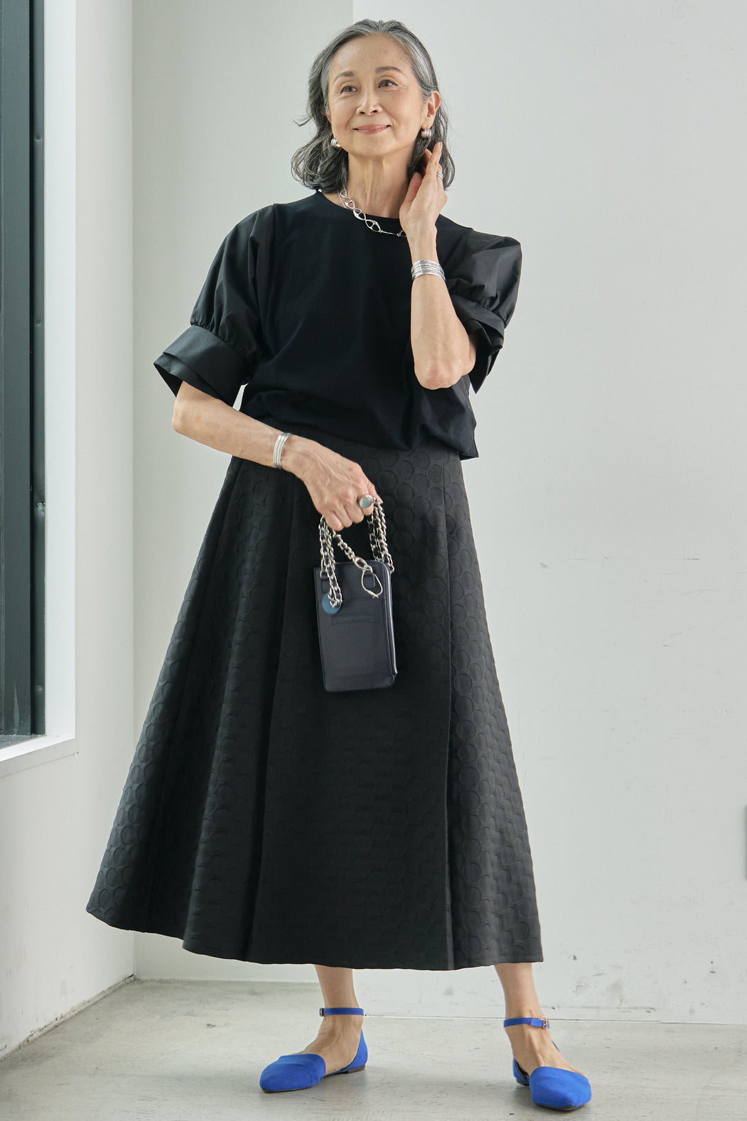 [SET] CLASSIC Jersey Sleeve Fabric Pullover + Dot Jacquard Flared Skirt (2set)