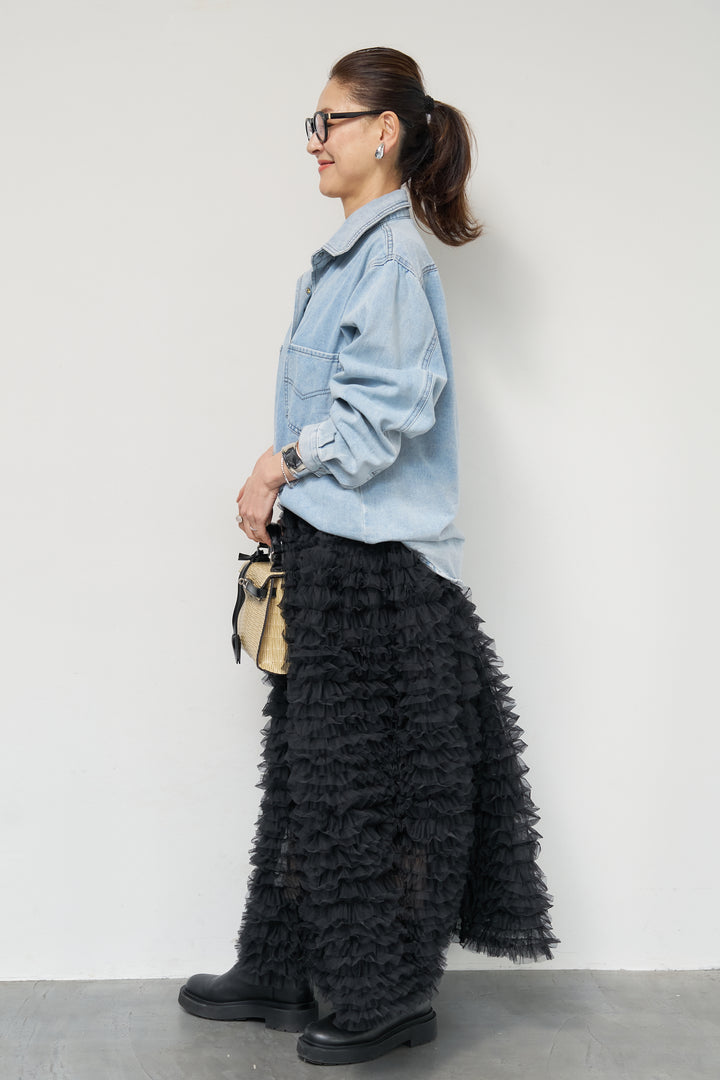 [SET]ソフトデニムオーバーシャツ+チュールティアードスカート(2set)