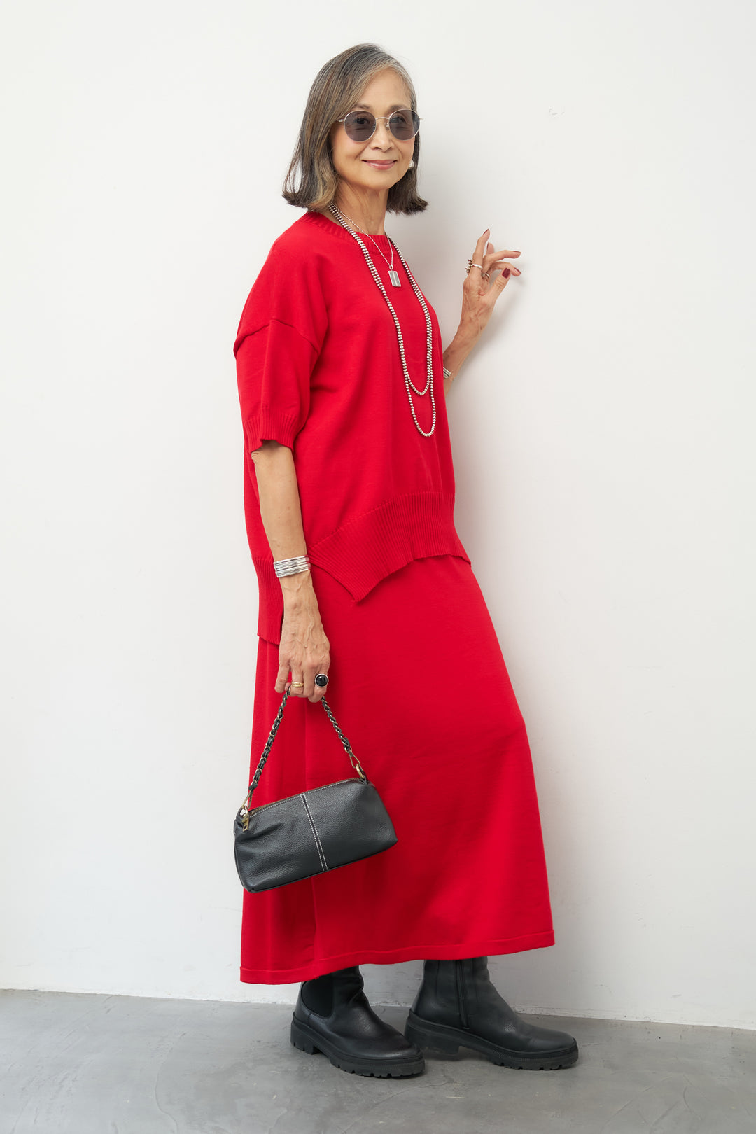 【2SET】ハイローヘムトップス＆スカート ニットセットアップ