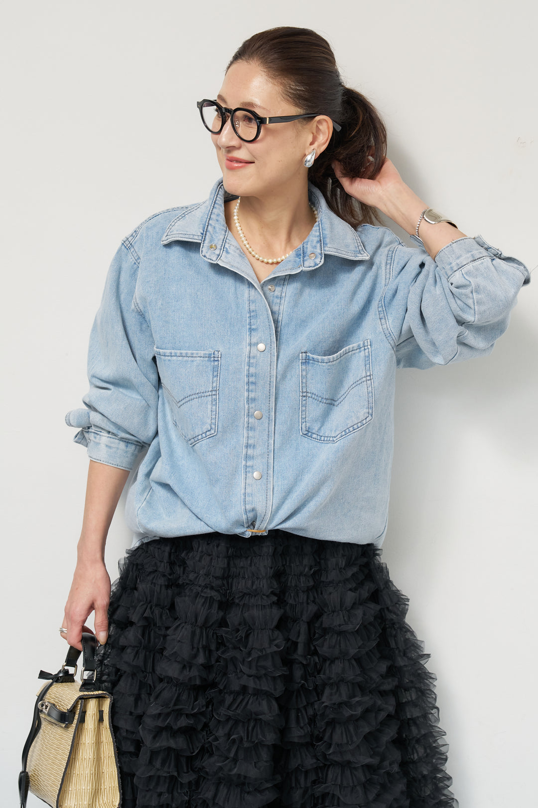 [SET]ソフトデニムオーバーシャツ+チュールティアードスカート(2set)