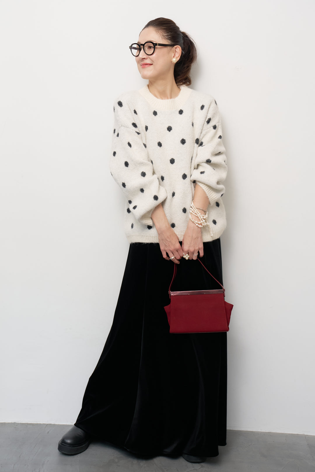 [SET]フラッフィードットニットプルオーバー+ベロアロングスカート(2set)