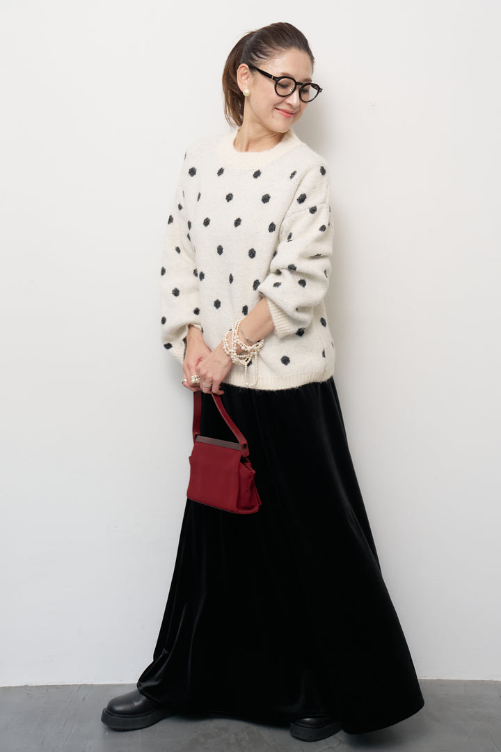 [SET]フラッフィードットニットプルオーバー+ベロアロングスカート(2set)