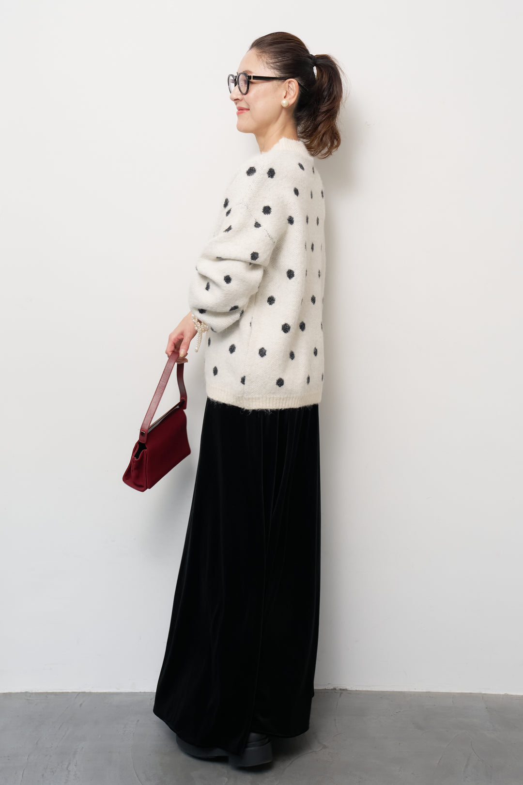[SET]フラッフィードットニットプルオーバー+ベロアロングスカート(2set)