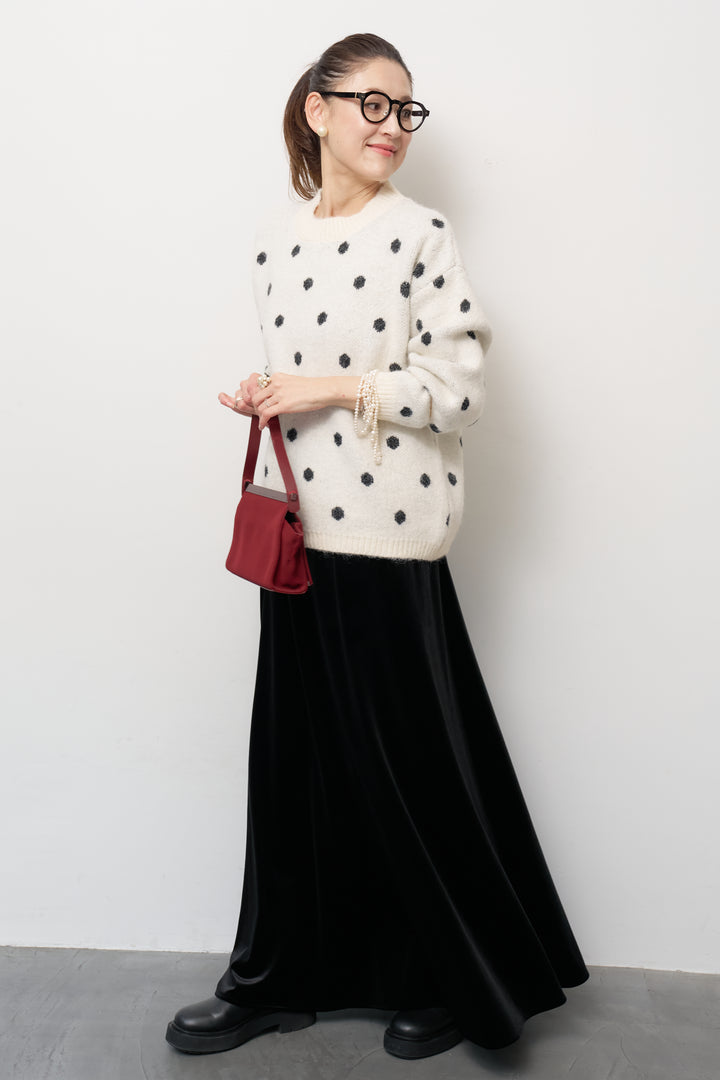 [SET]フラッフィードットニットプルオーバー+ベロアロングスカート(2set)