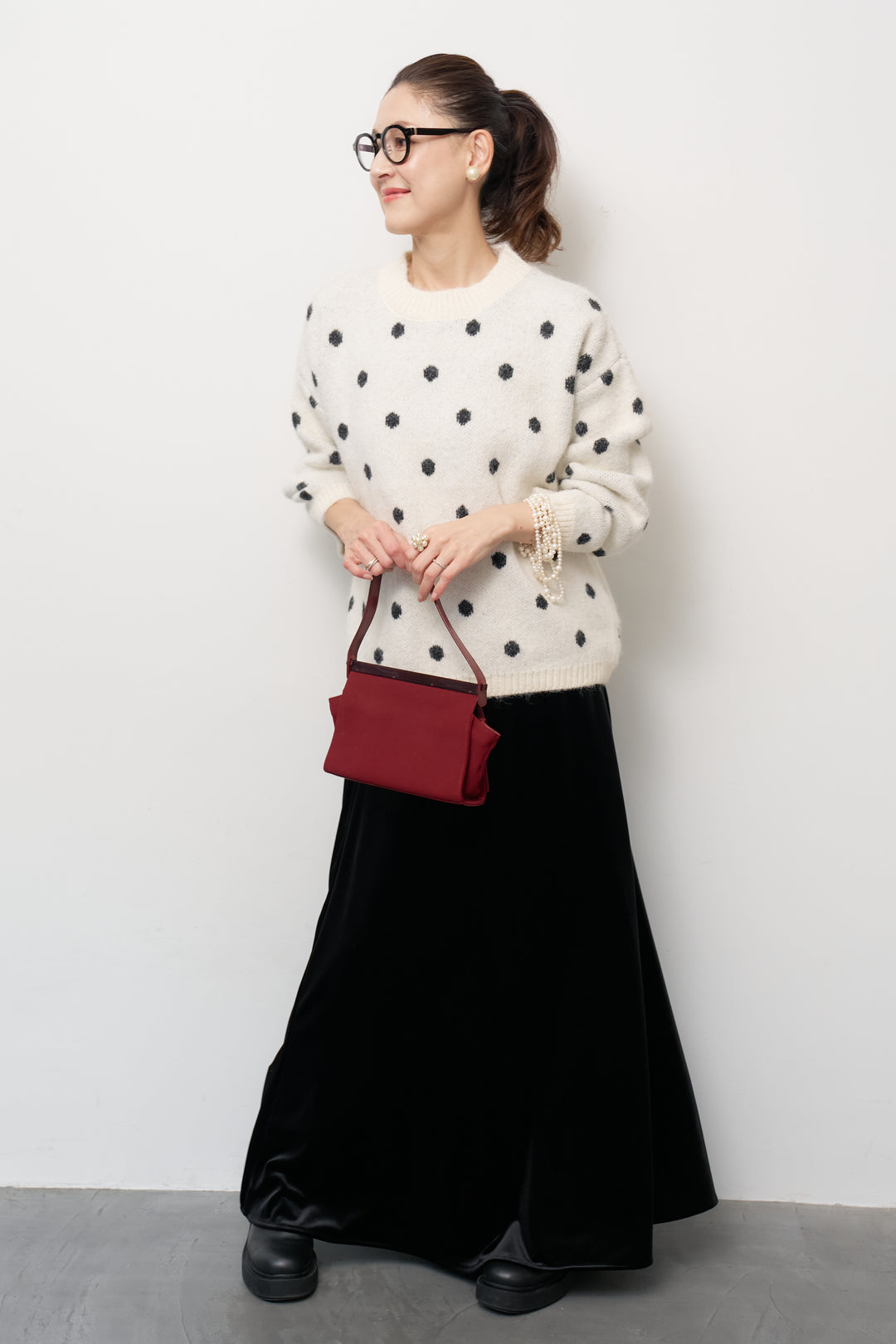 [SET]フラッフィードットニットプルオーバー+ベロアロングスカート(2set)