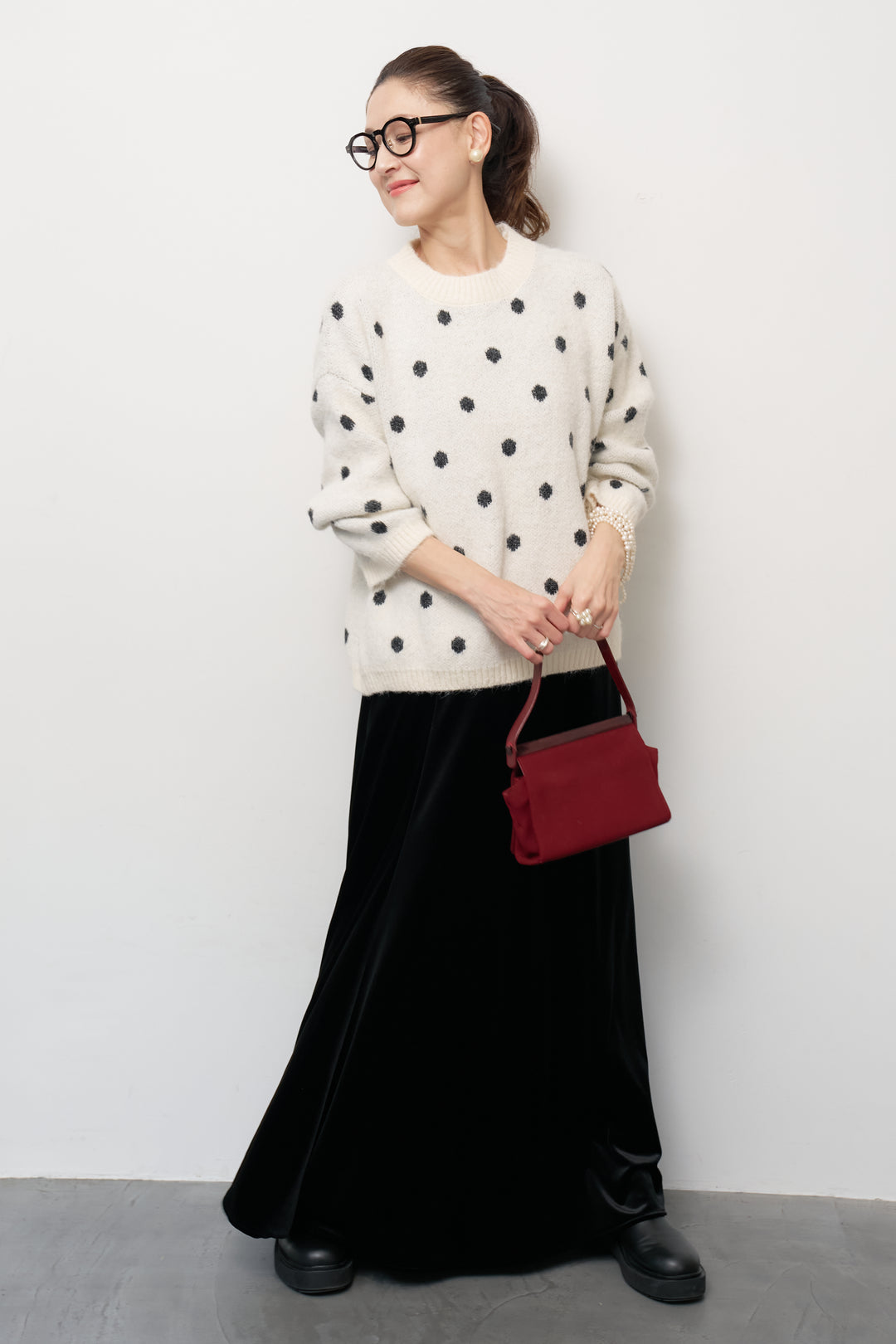 [SET]フラッフィードットニットプルオーバー+ベロアロングスカート(2set)