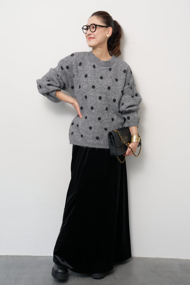 [SET]フラッフィードットニットプルオーバー+ベロアロングスカート(2set)