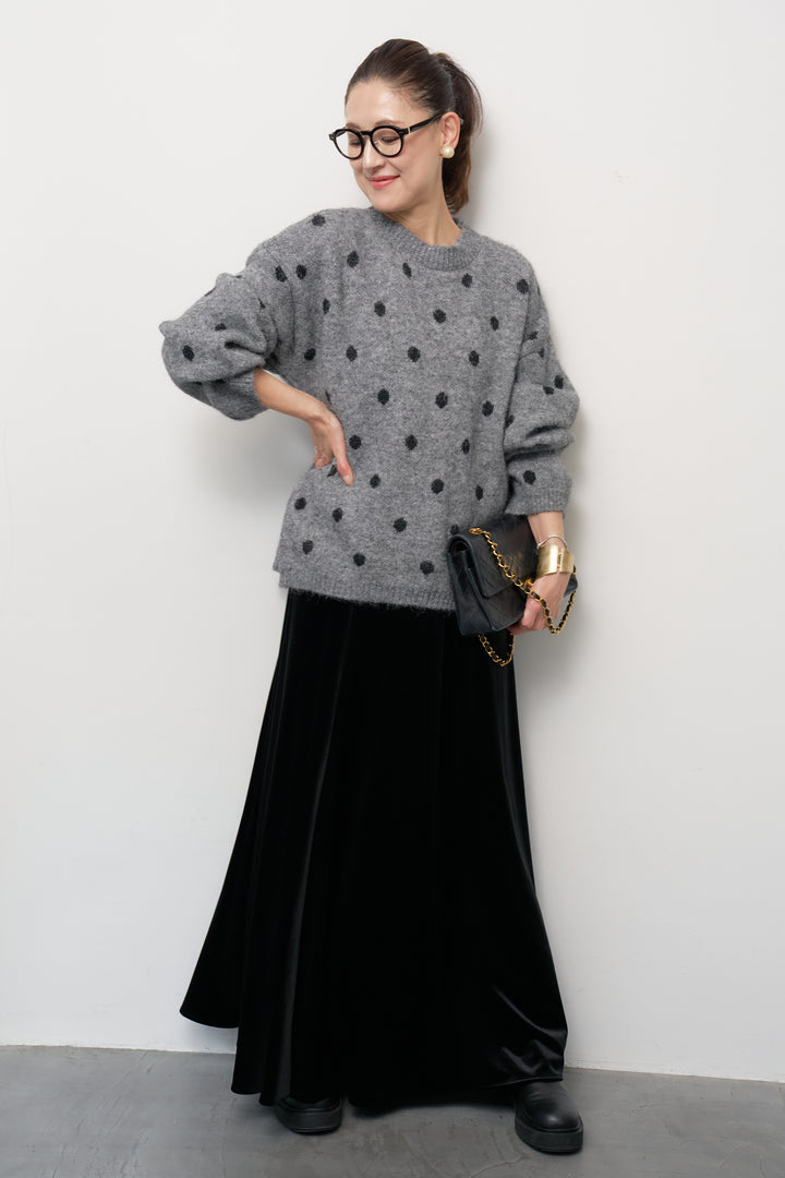 [SET]フラッフィードットニットプルオーバー+ベロアロングスカート(2set)