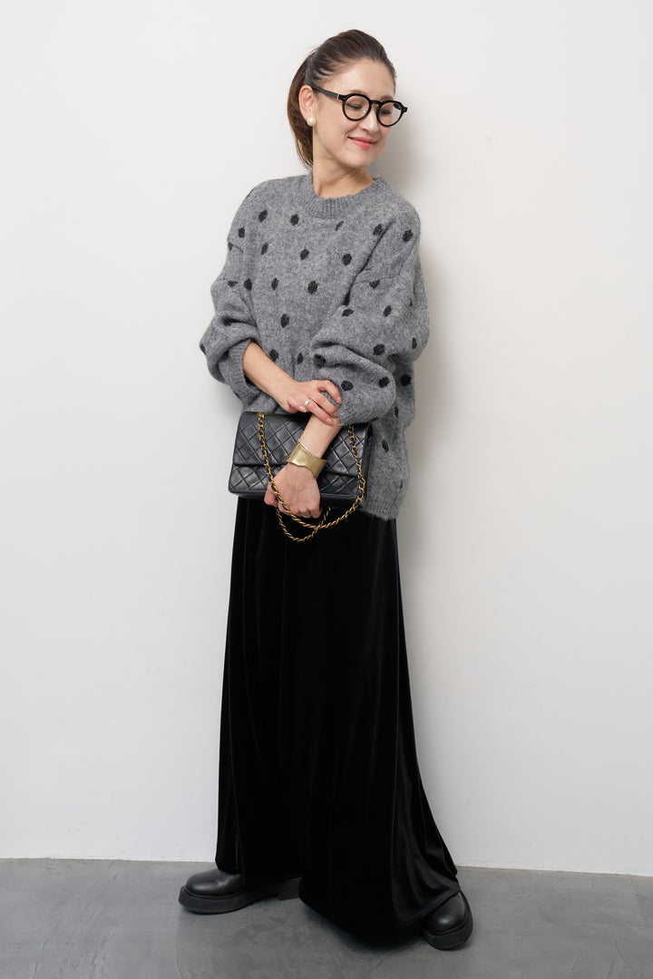 [SET]フラッフィードットニットプルオーバー+ベロアロングスカート(2set)