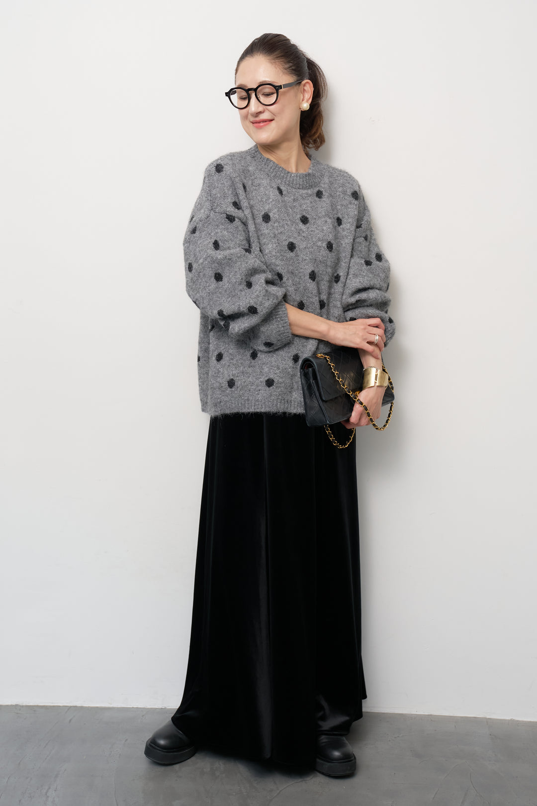 [SET]フラッフィードットニットプルオーバー+ベロアロングスカート(2set)