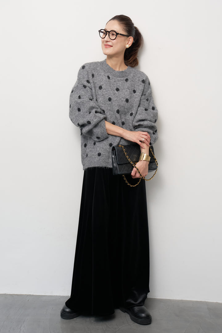 [SET]フラッフィードットニットプルオーバー+ベロアロングスカート(2set)
