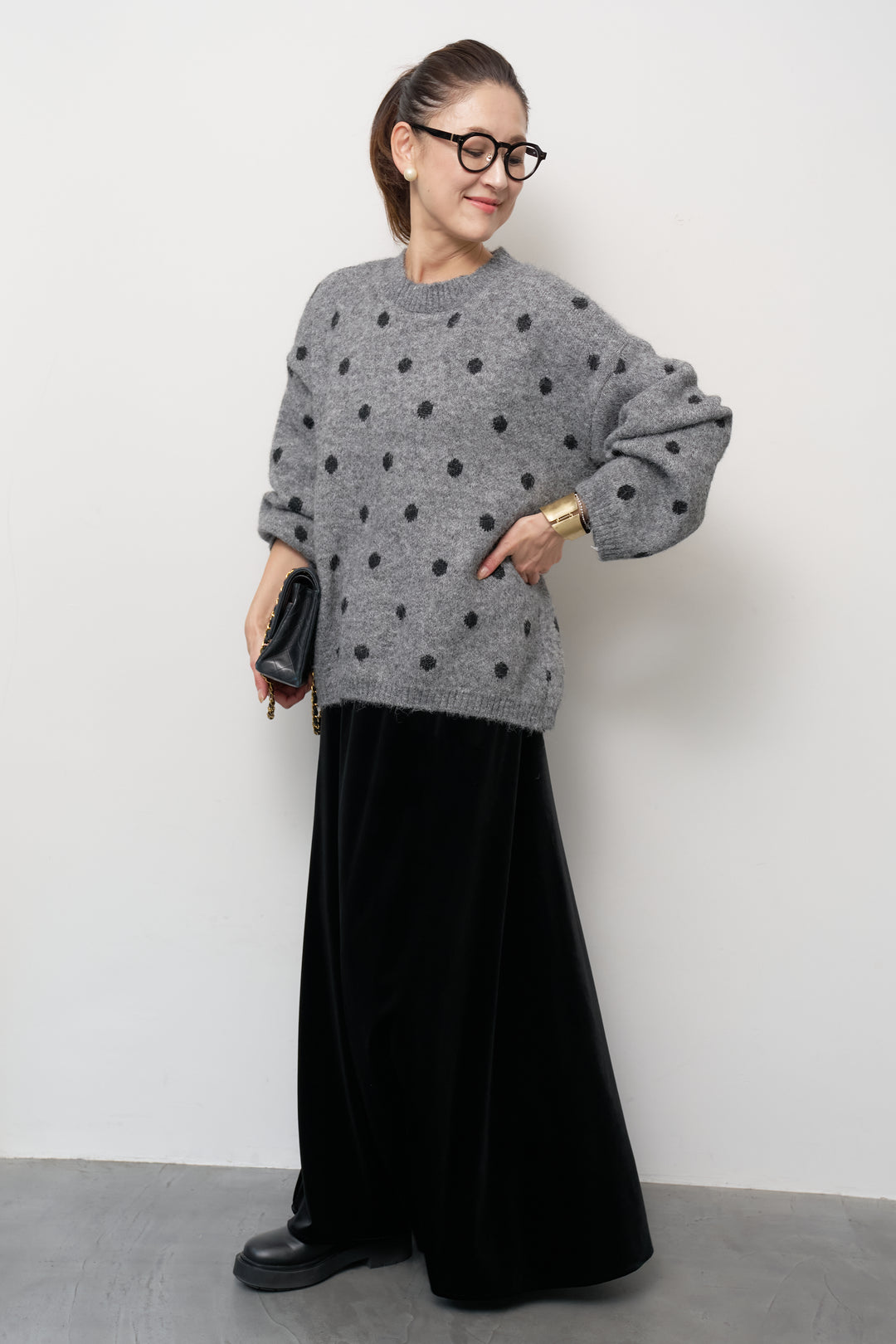 [SET]フラッフィードットニットプルオーバー+ベロアロングスカート(2set)