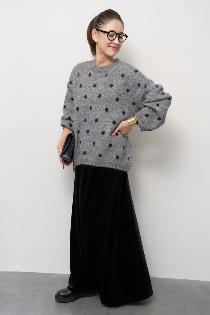 [SET]フラッフィードットニットプルオーバー+ベロアロングスカート(2set)