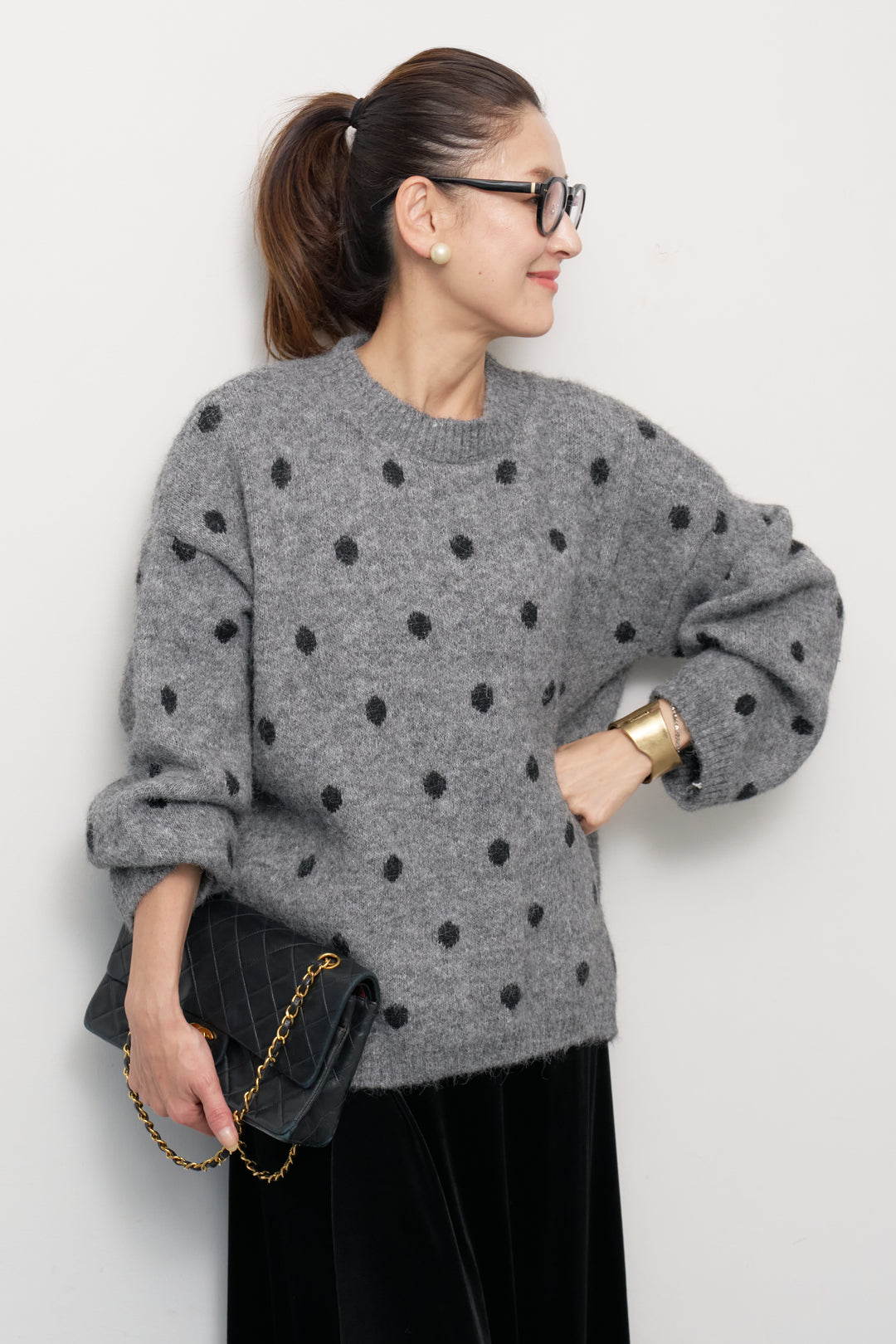 [SET]フラッフィードットニットプルオーバー+ベロアロングスカート(2set)