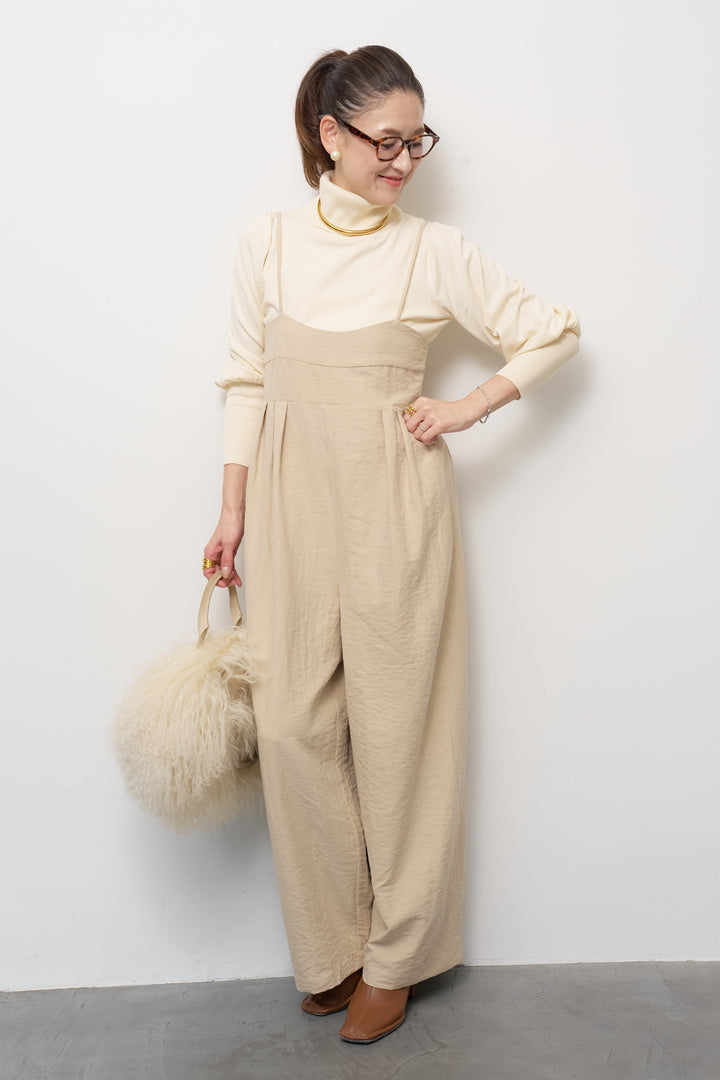 [SET]ハイウエストタックサロペット+パフスリーブタートルネックニット(2set)