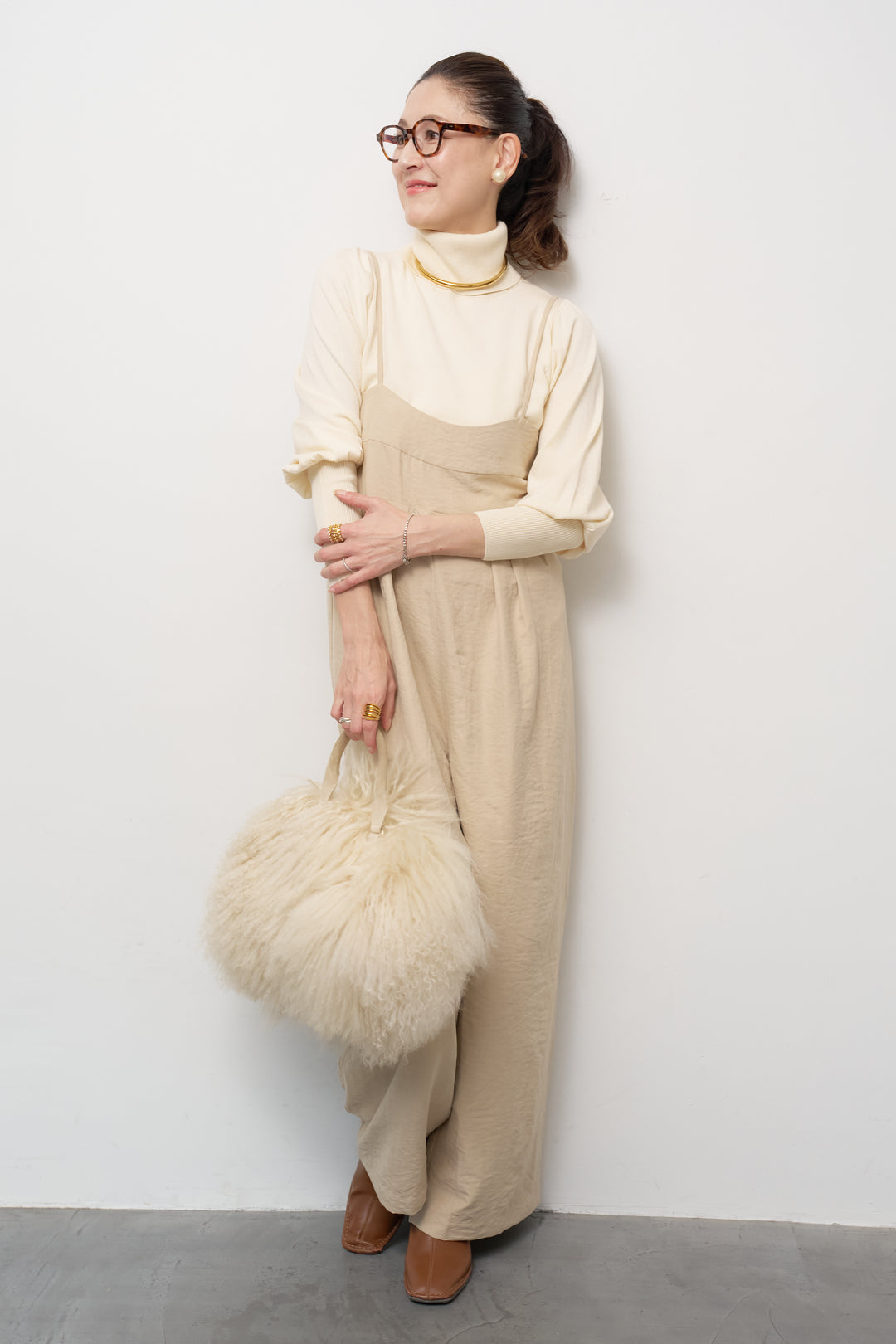 [SET]ハイウエストタックサロペット+パフスリーブタートルネックニット(2set)