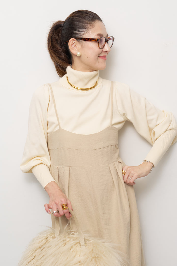 [SET]ハイウエストタックサロペット+パフスリーブタートルネックニット(2set)