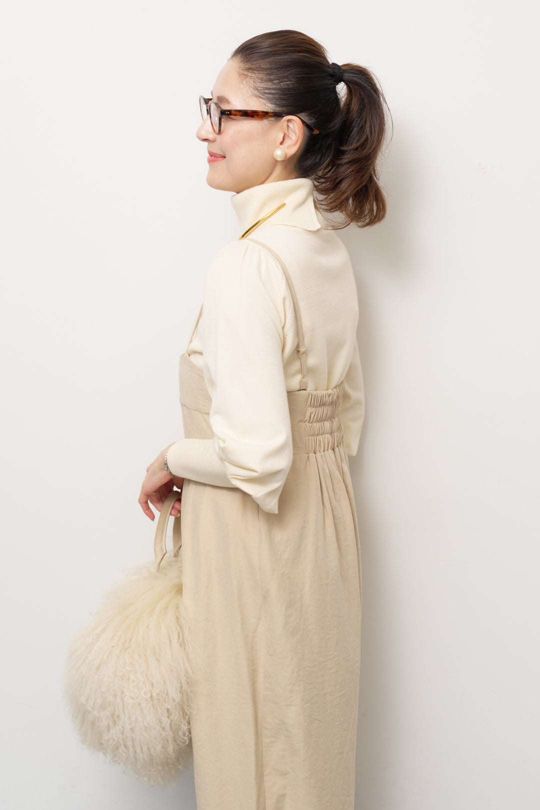 [SET]ハイウエストタックサロペット+パフスリーブタートルネックニット(2set)