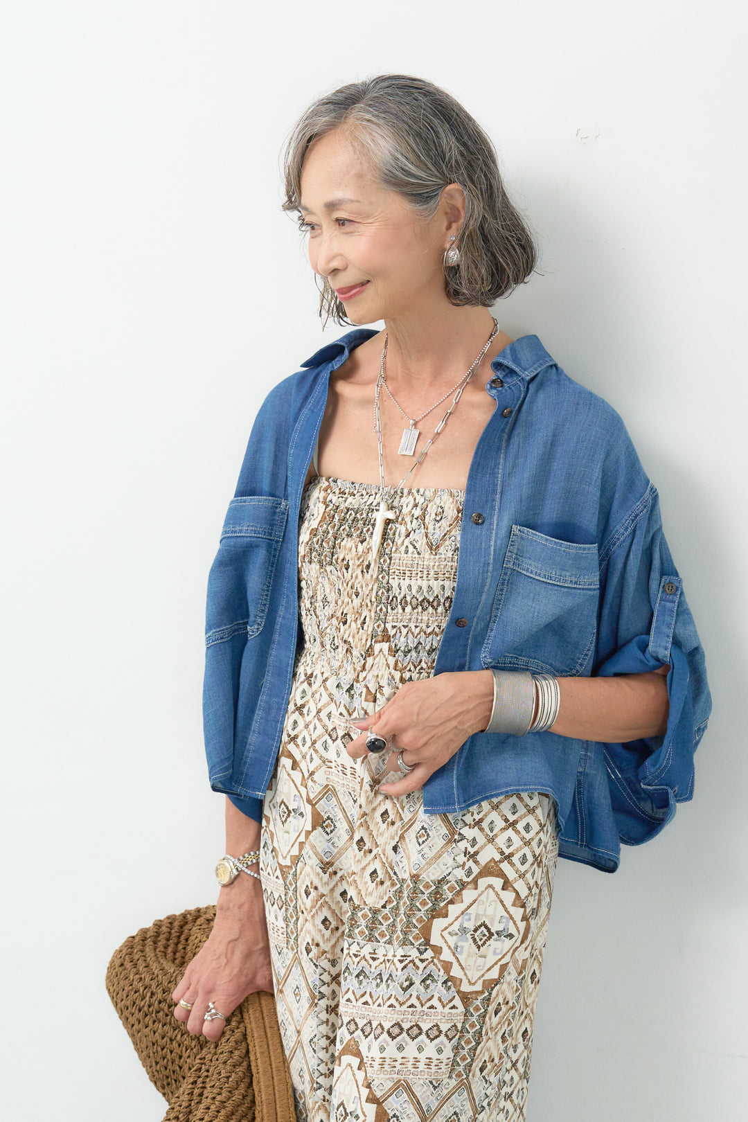 エスニックプリント シャーリングオールインワン