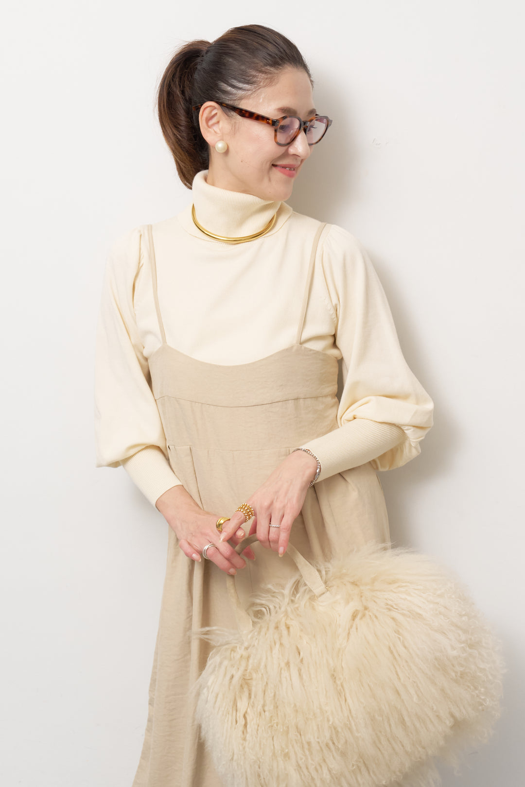 [SET]ハイウエストタックサロペット+パフスリーブタートルネックニット(2set)