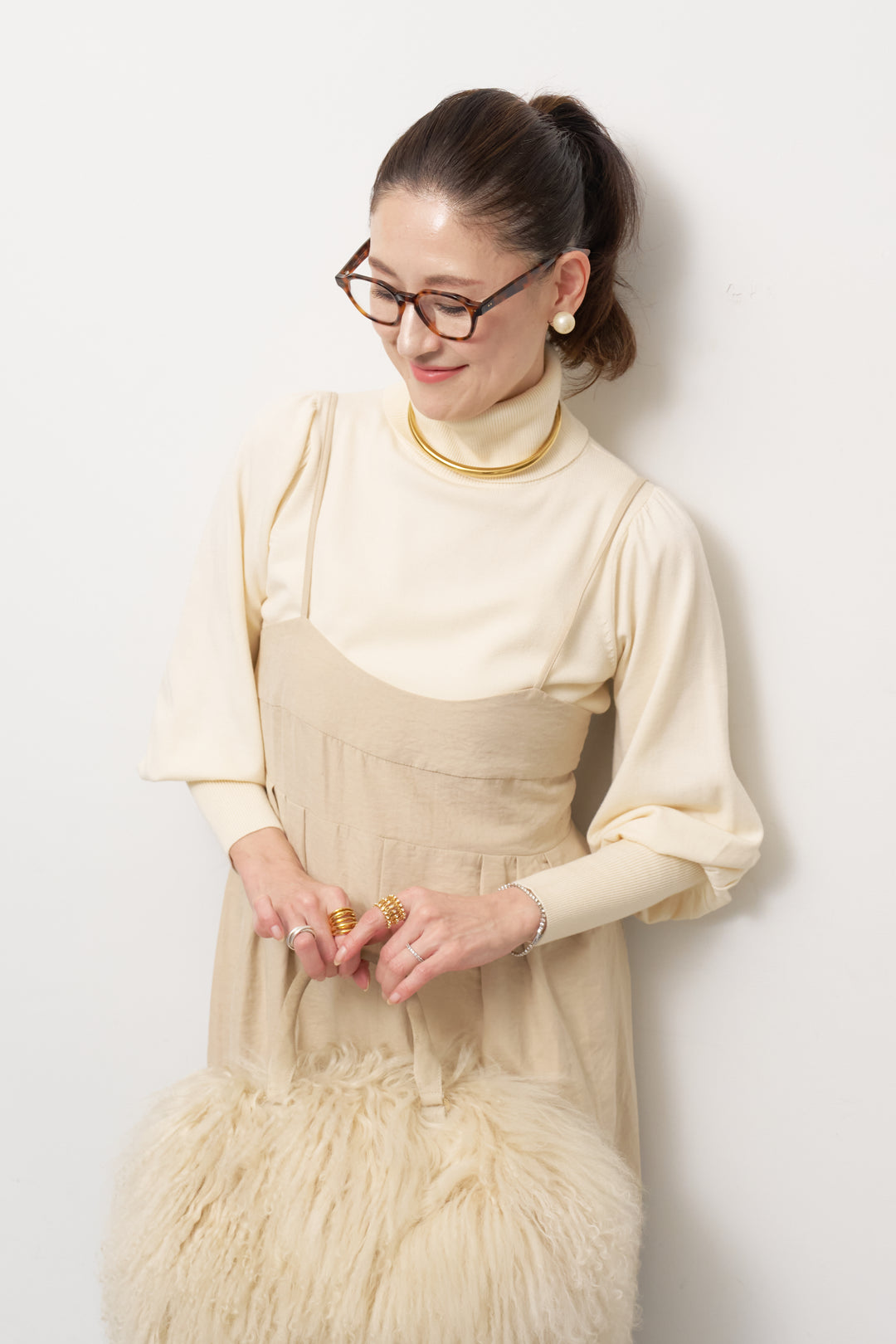 パフスリーブタートルネックニット