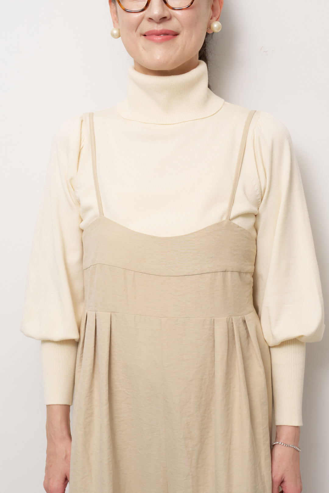 [SET]ハイウエストタックサロペット+パフスリーブタートルネックニット(2set)