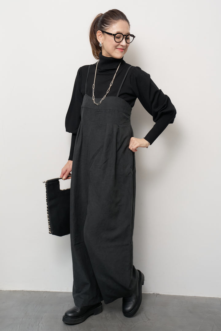 [SET]ハイウエストタックサロペット+パフスリーブタートルネックニット(2set)