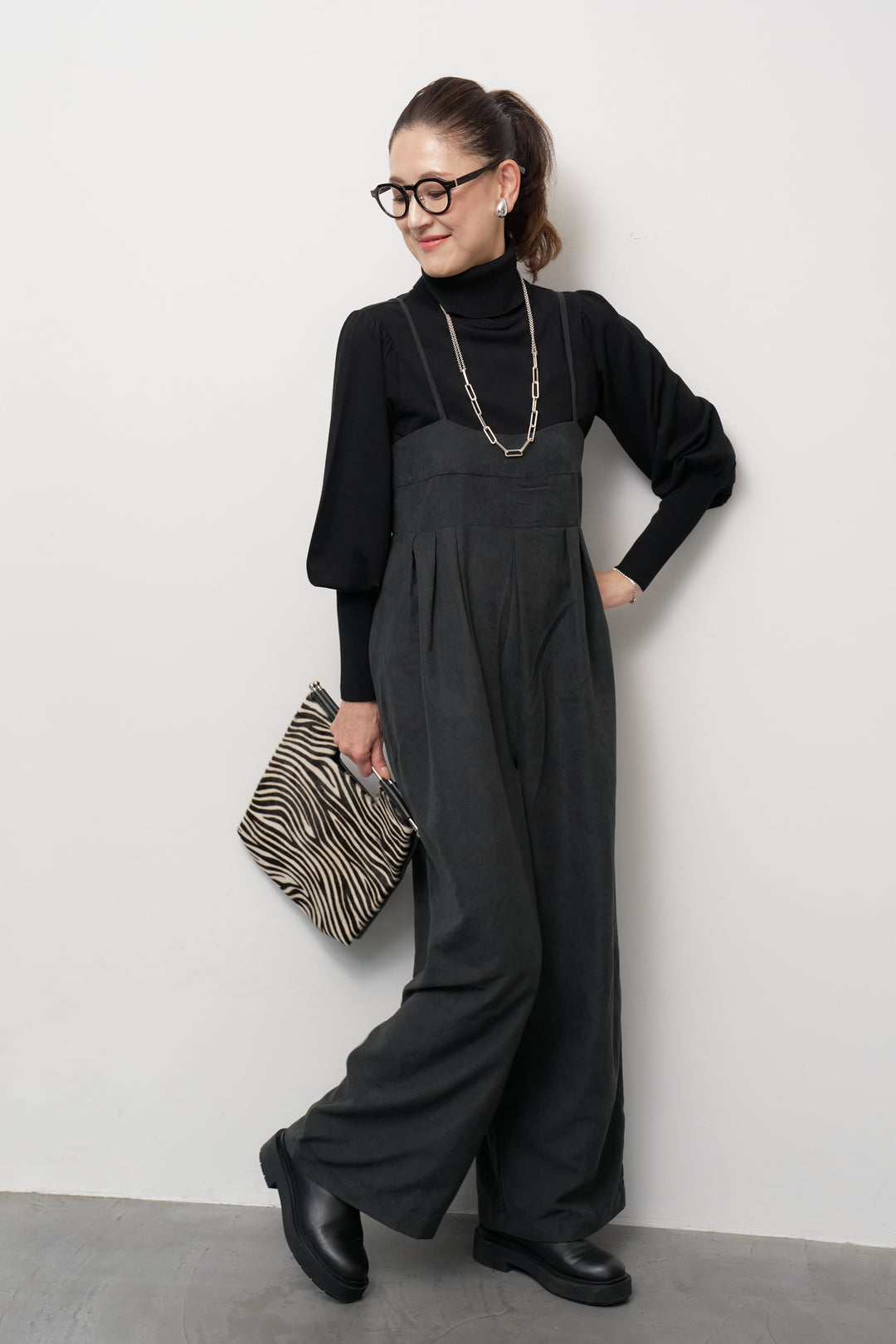 [SET]ハイウエストタックサロペット+パフスリーブタートルネックニット(2set)