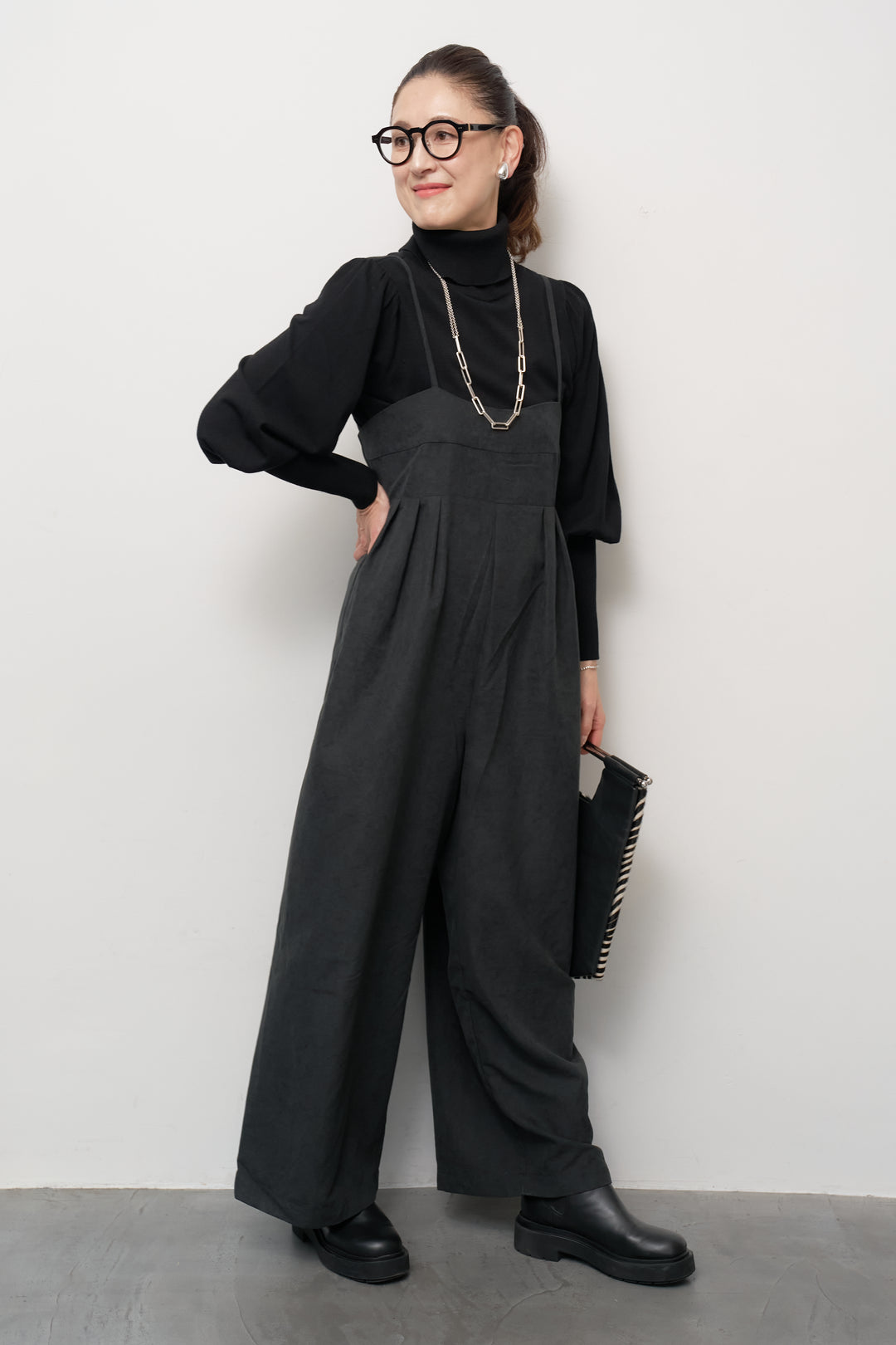 [SET]ハイウエストタックサロペット+パフスリーブタートルネックニット(2set)