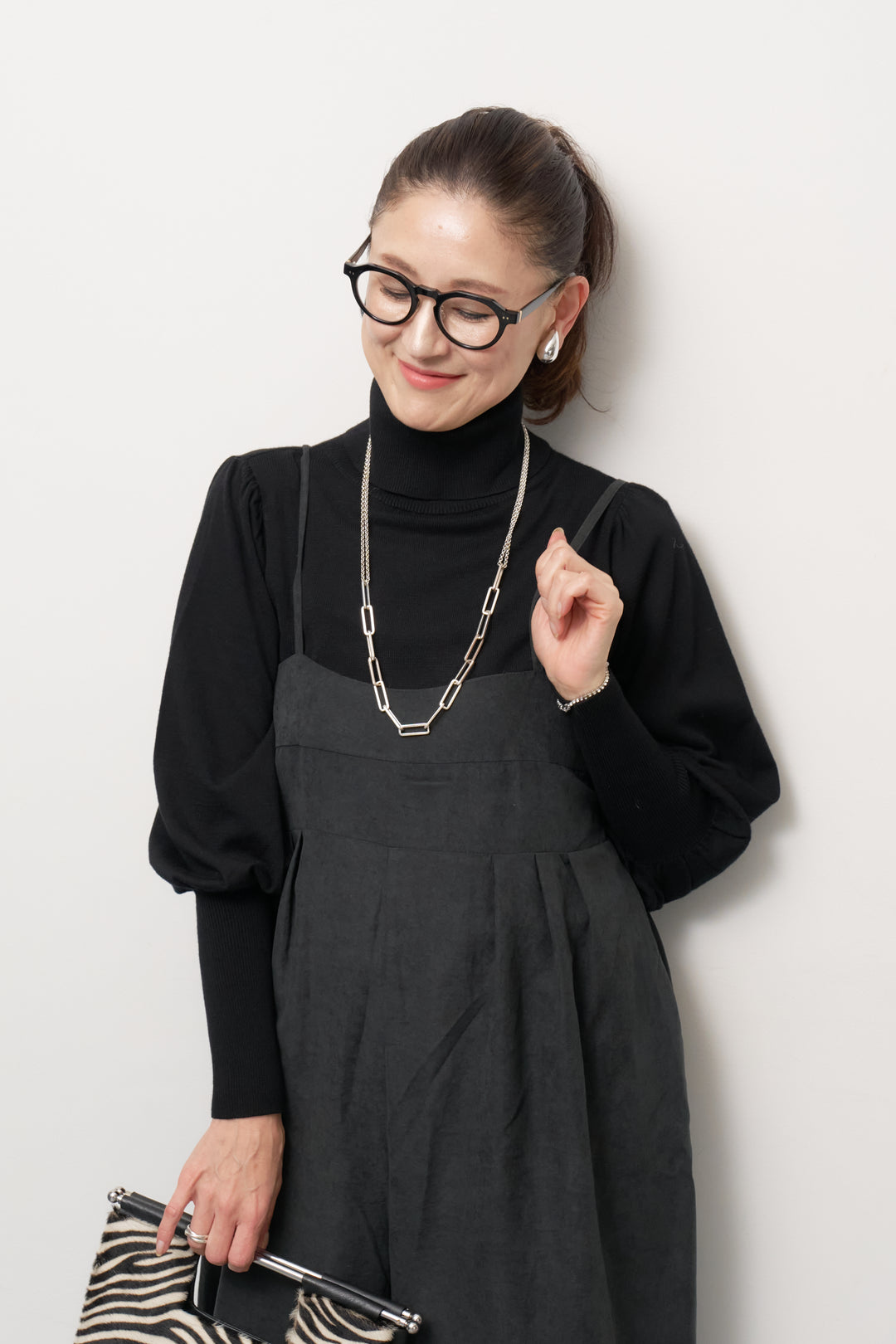 [SET]ハイウエストタックサロペット+パフスリーブタートルネックニット(2set)