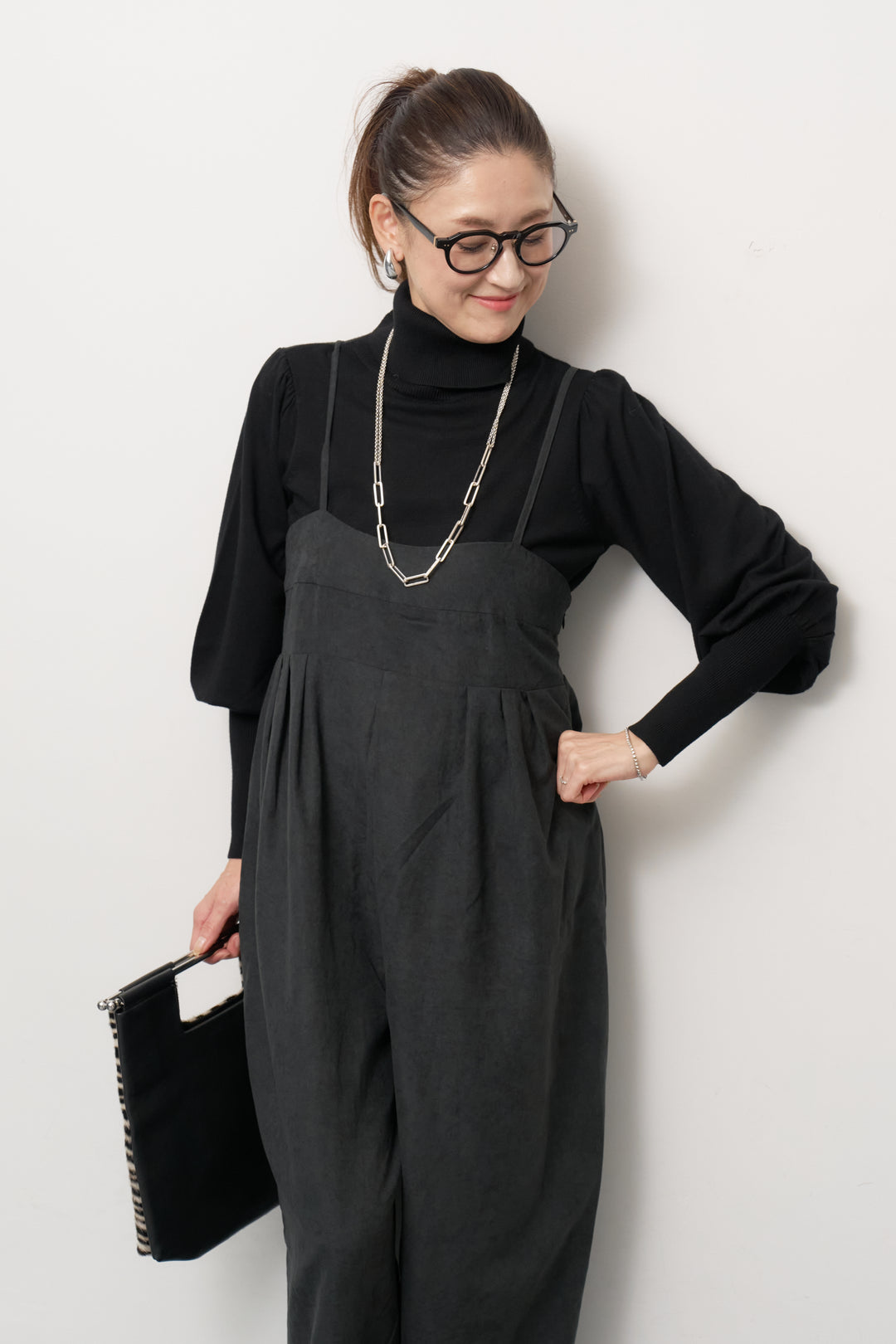 [SET]ハイウエストタックサロペット+パフスリーブタートルネックニット(2set)