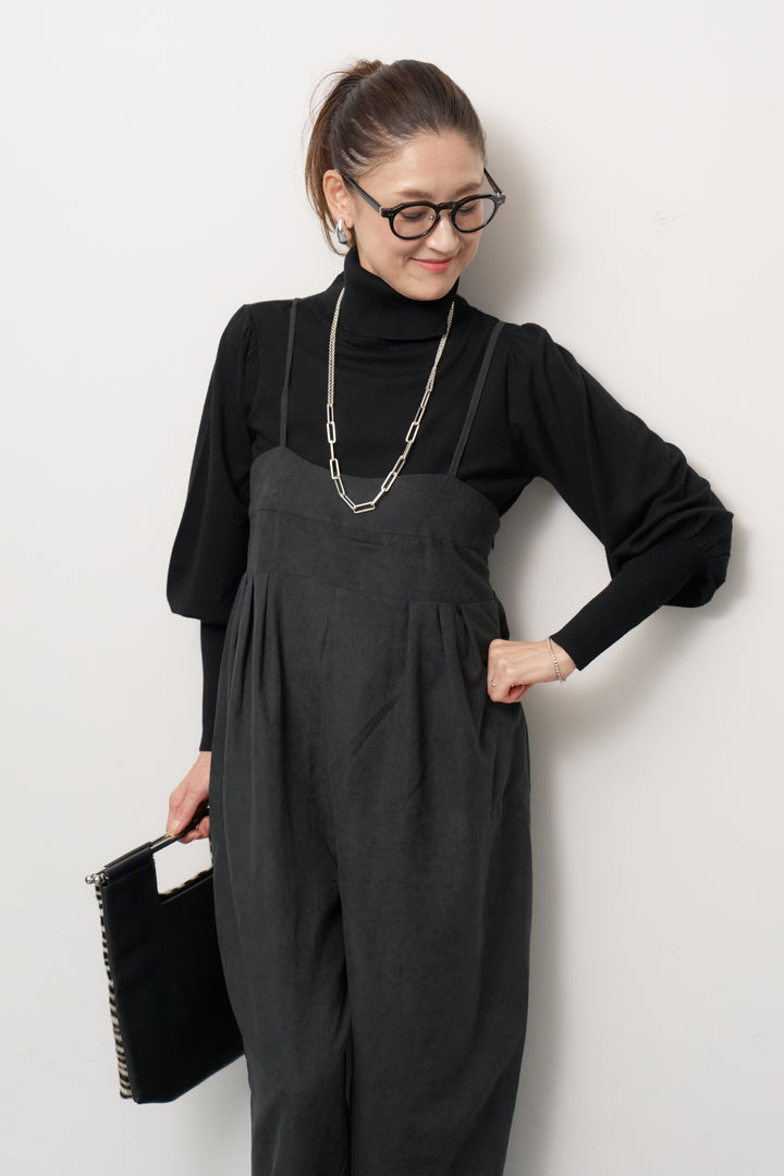 [SET]ハイウエストタックサロペット+パフスリーブタートルネックニット(2set)